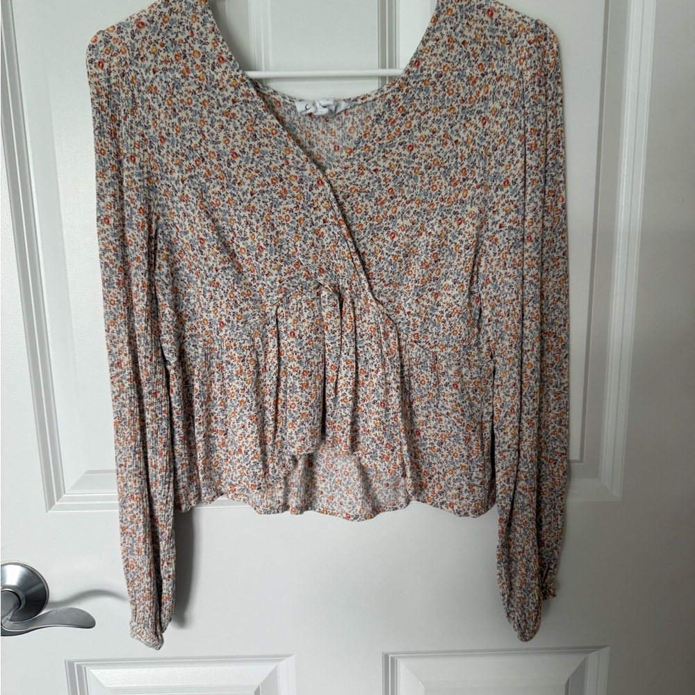 Sadie & Sage Tan and Pink Wrap Peplum Blouse